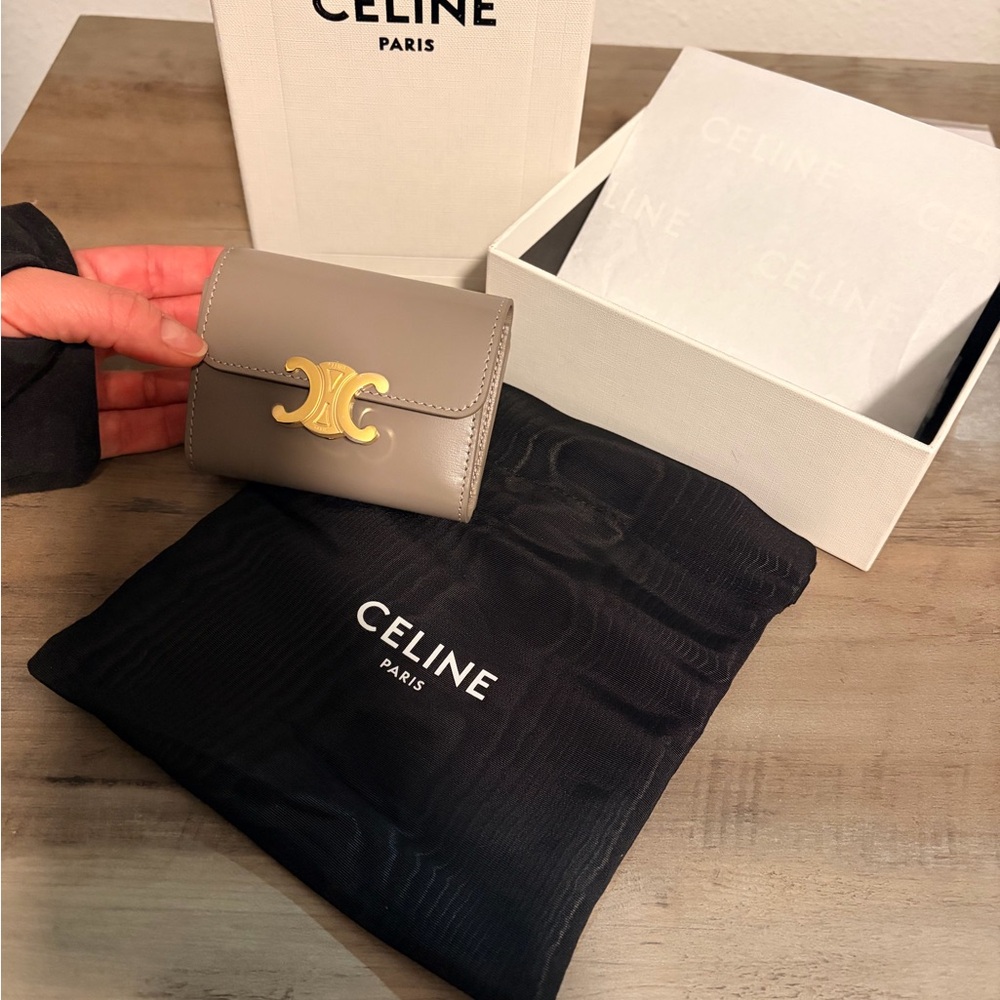 Celine Triomphe Small Wallet in Taupe with Gold Hardware